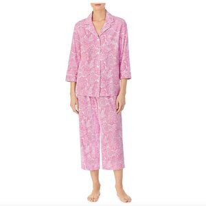 Lauren Ralph Lauren Pink Cotton Paisley Monogram Crop Pajama Set, Size M